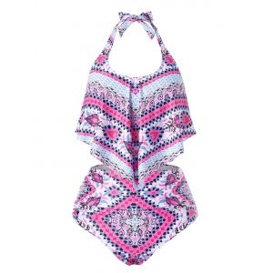 

Plus Size Heart Geo Flounce Overlay Tummy Control Tankini Swimwear, Multi