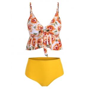 

Floral Leaves Print Ruffles Tankini Set, Bright yellow