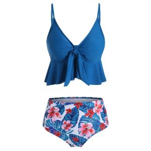 

Floral Leaves Print Ruffles Tankini Set, Ocean blue