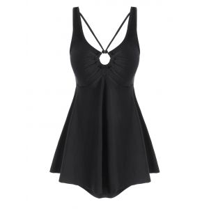

O Ring Strappy Solid Plus Size Tankini Swimsuit, Black