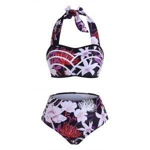 

Floral Print Wire Free Bikini Set, Black