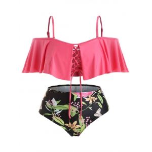 

Plus Size Lace-up Flounce Plant Print Off Shoulder Bikini Swimsuit, Watermelon pink