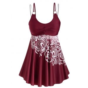 

Plus Size Tribal Print Twisted Skirted Tankini Swimwear, Firebrick