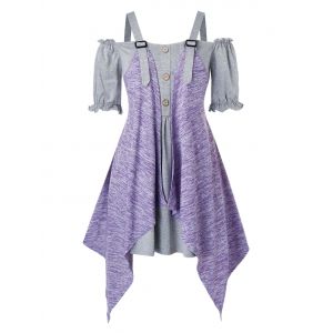 

Plus Size Off Shoulder Poet Sleeve T-shirt with Sleeveless Cardigan, Multi