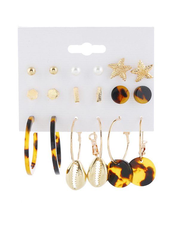 

9 Piece Tortoise Star Shell Stud Drop Earrings Set, Gold