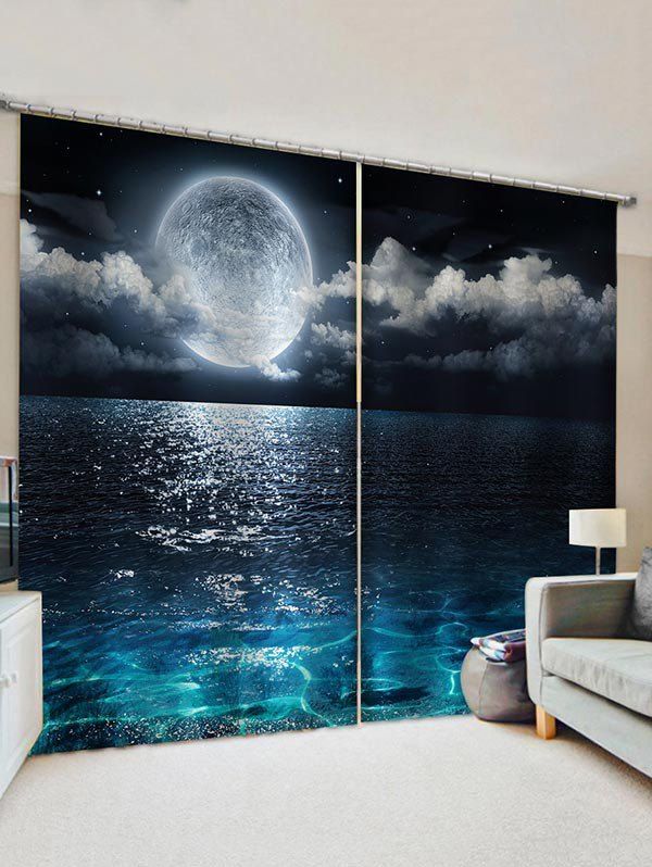 

2 Panels Moon Night Ocean Print Window Curtains, Peacock blue