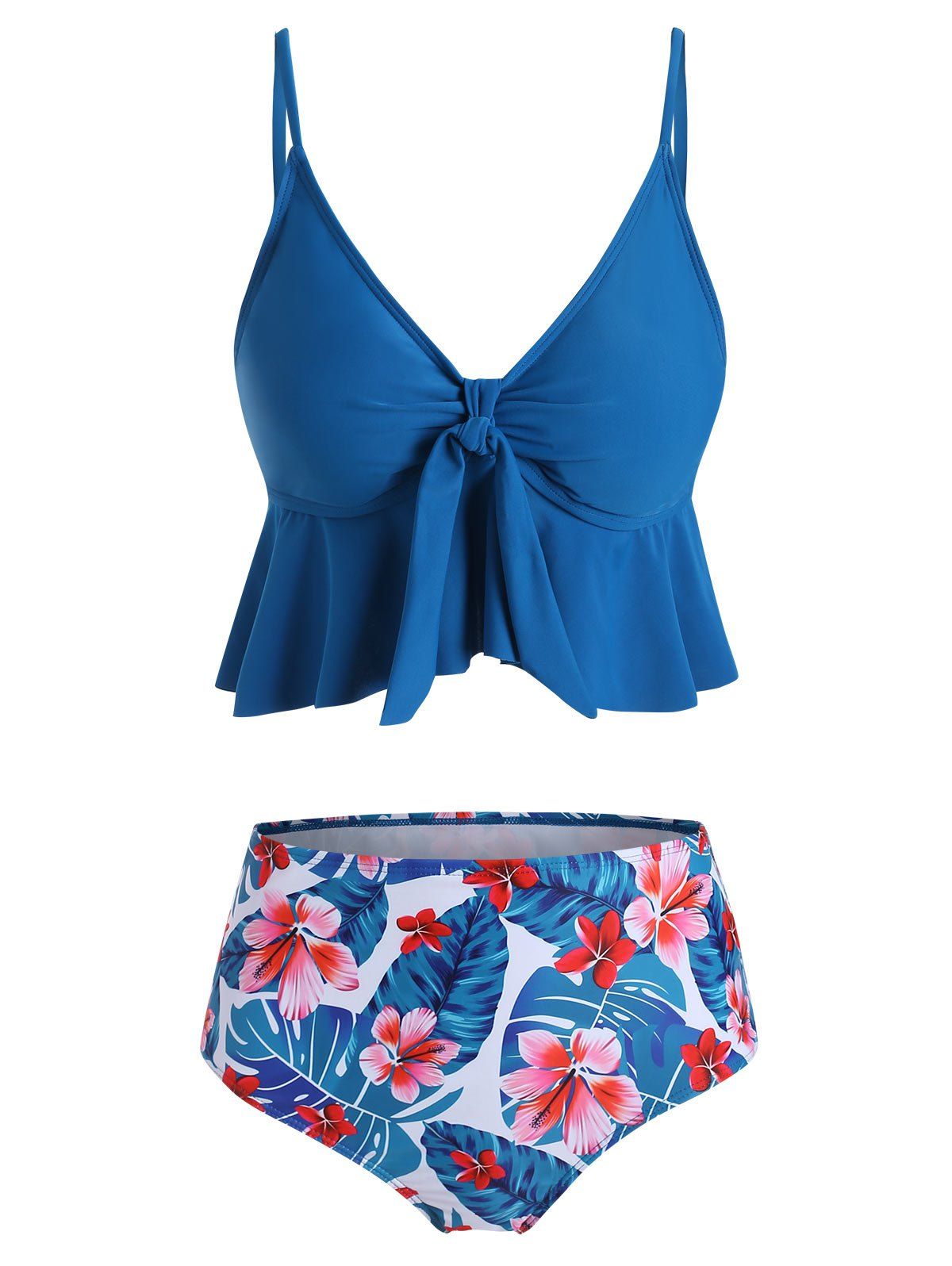 

Floral Leaves Print Ruffles Tankini Set, Ocean blue