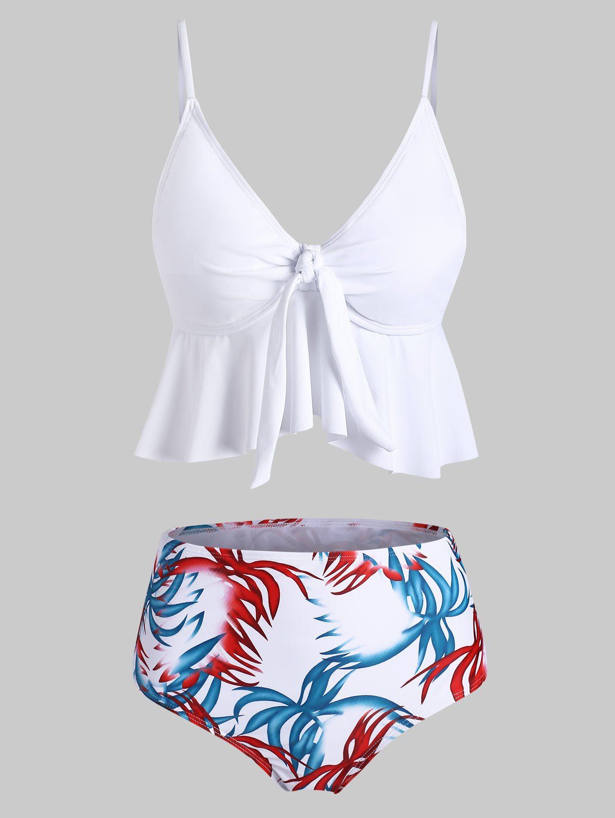 

Floral Leaves Print Ruffles Tankini Set, White