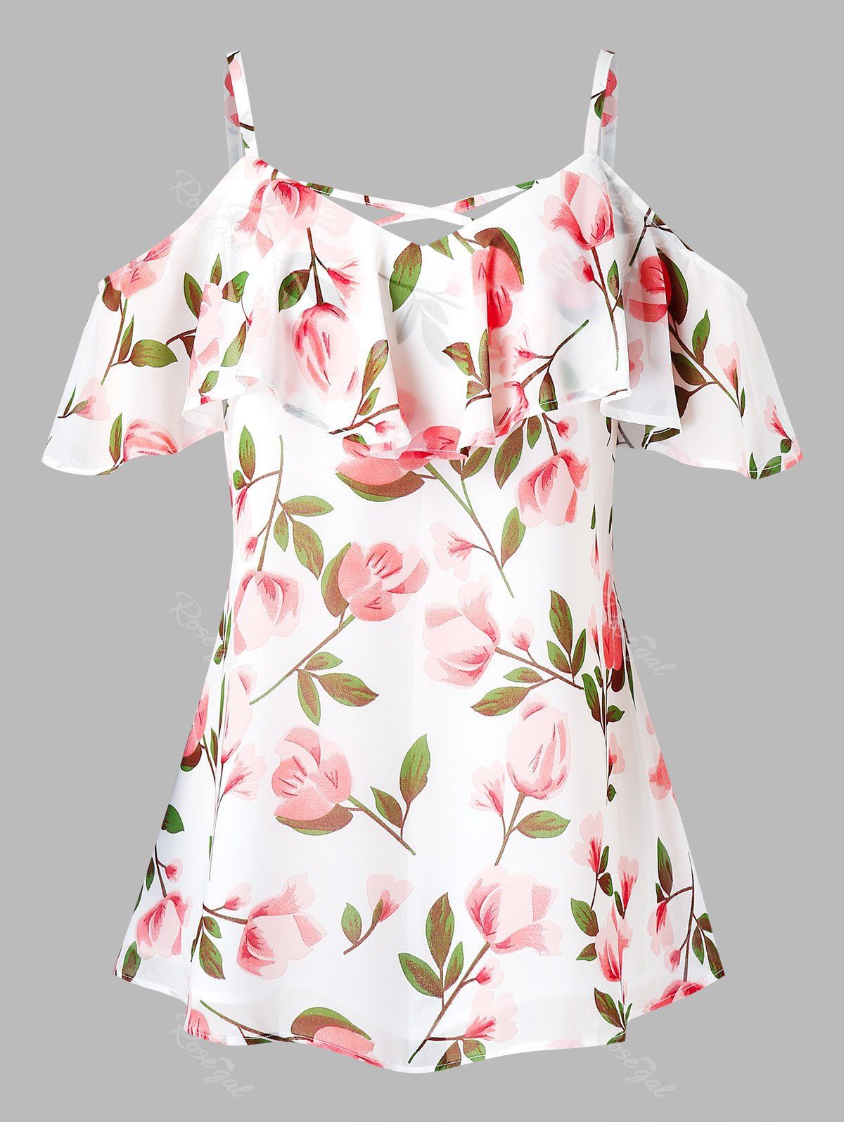 

Plus Size Cold Shoulder Ruffled Floral Print Blouse, White