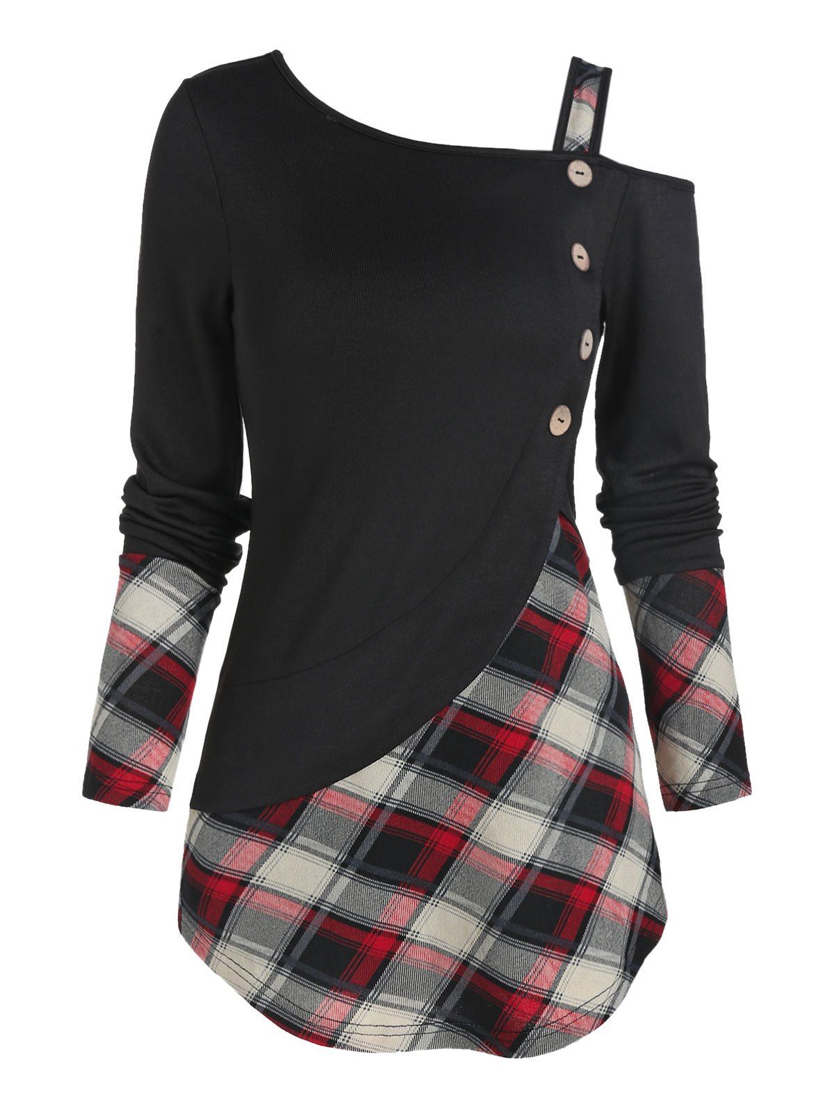 

Skew Neck Plaid Curved T Shirt, Black