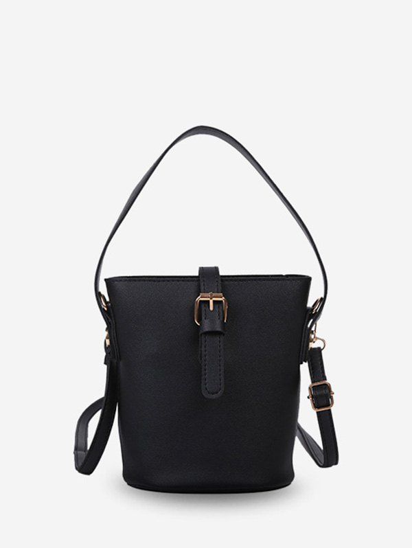 

Belt Accent Leather Bucket Tote Bag, Black