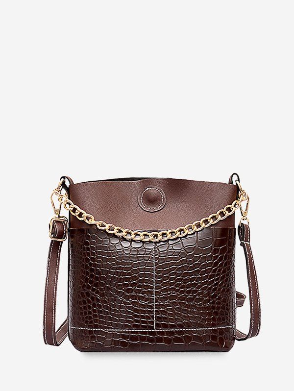 

Animal Embossed Chain Embellished Bucket Bag, Brown