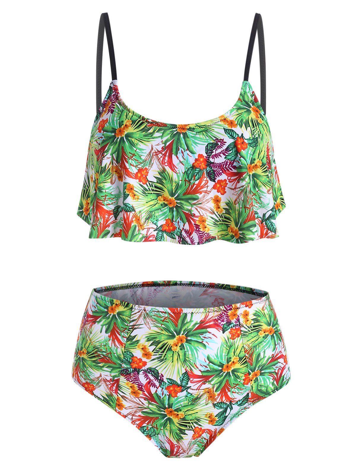 

Floral Leaves Overlay Flounces Tankini Swimsuit, Multi
