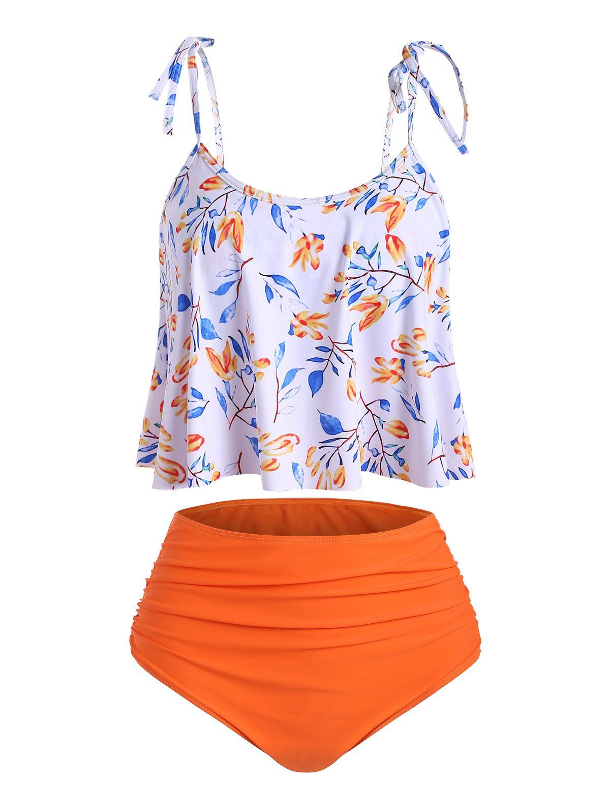 

Ruched High Waisted Leaves Print Tankini Swimsuit, Orange