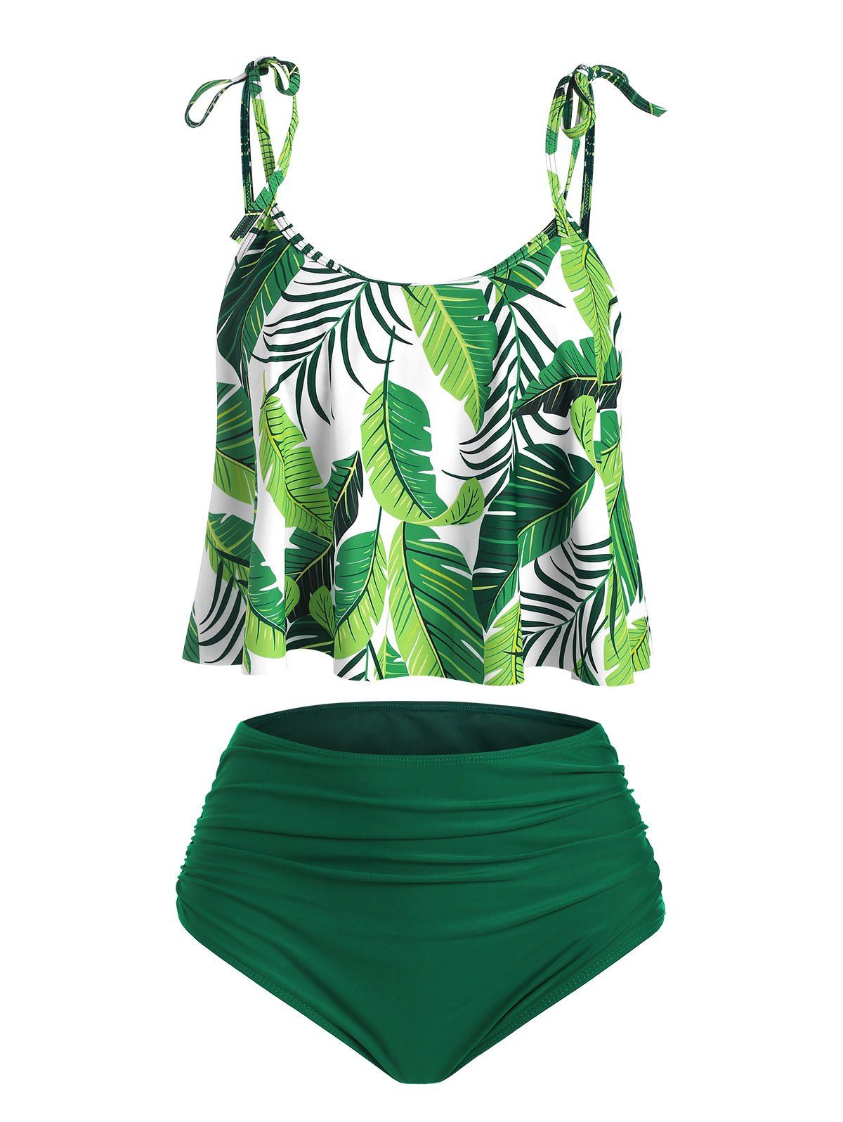 

Ruched High Waisted Leaves Print Tankini Swimsuit, Medium forest green
