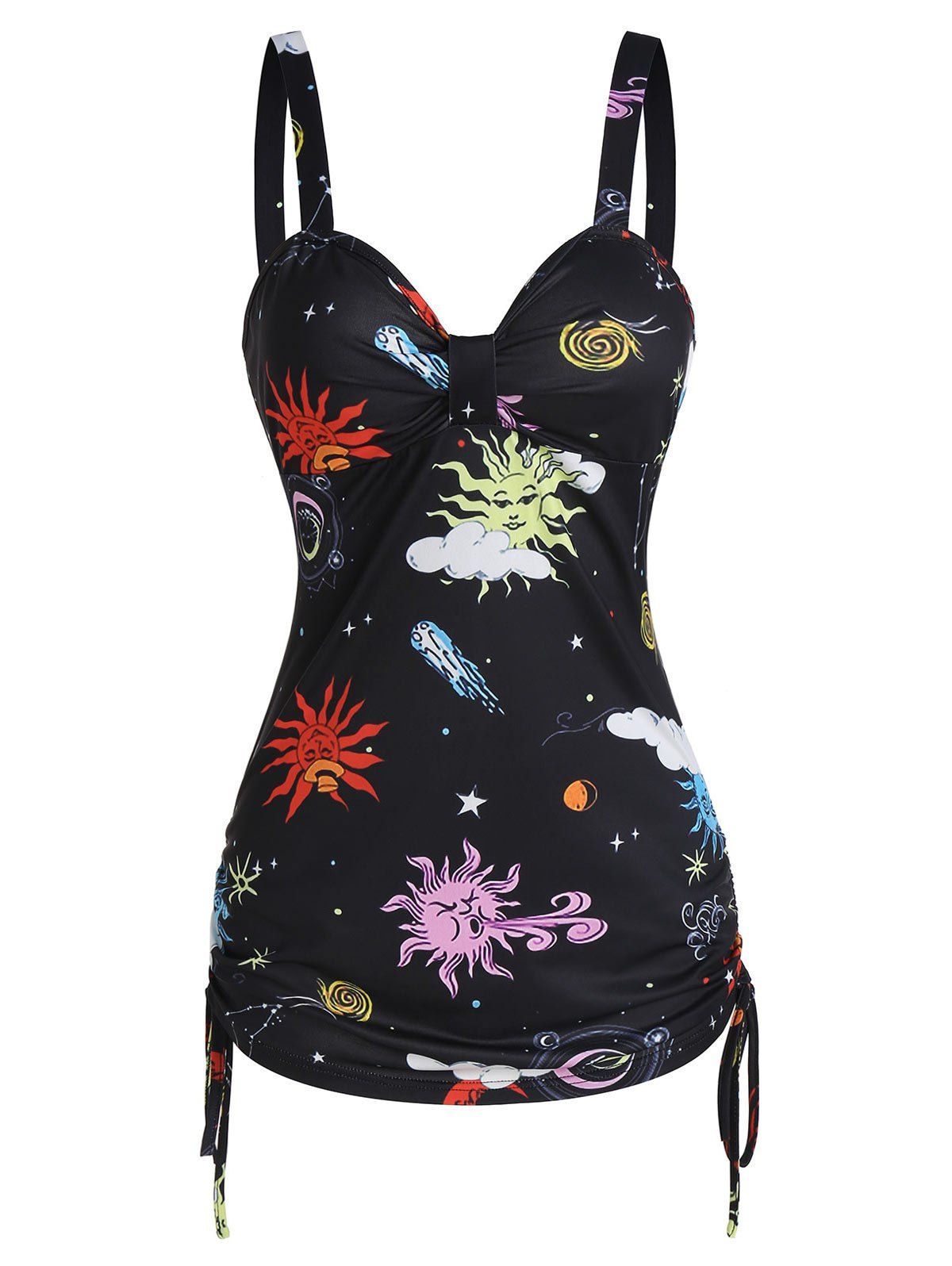 

Sun Moon Star Print Ruched Cinched Tank Top, Multi-a