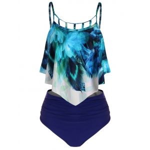 

Peacock Feather Ruched Overlay Tankini Set, Multi