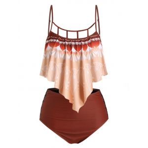 

Plus Size Printed Lattice Cut Ruffle Tankini Swimwear, Deep peach