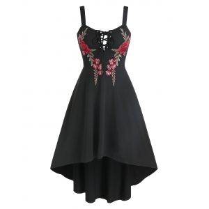 

Flower Embroidered Lace-up High Low Dress, Black