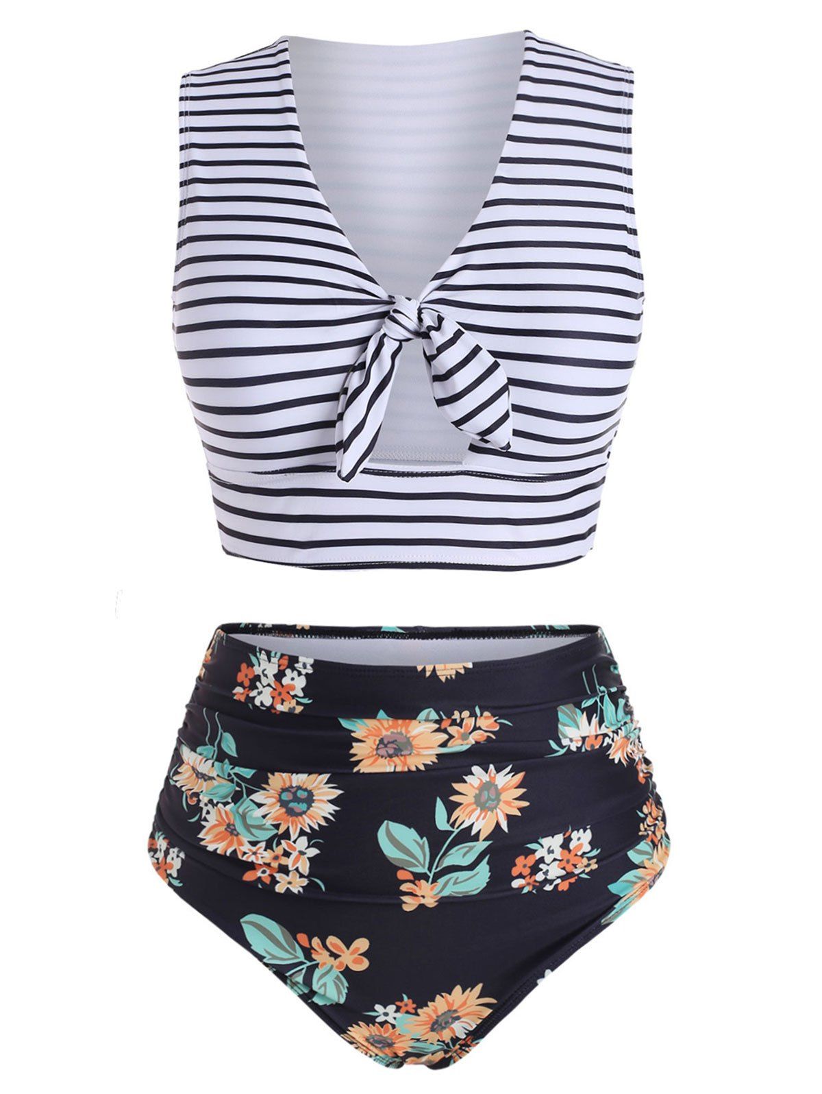 

Striped Floral V Neck Two Piece Swimsuit, Black
