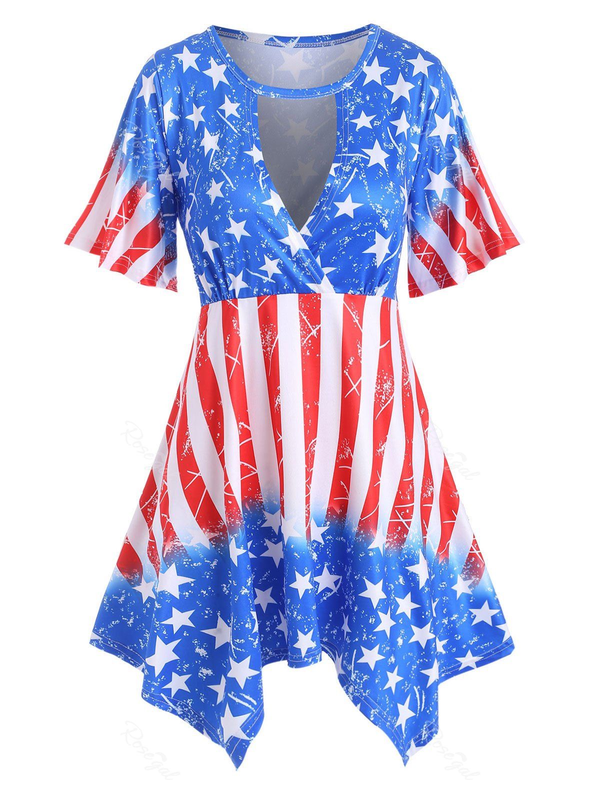 

Plus Size Cutout Destroyed American Flag Asymmetric Top, Blue