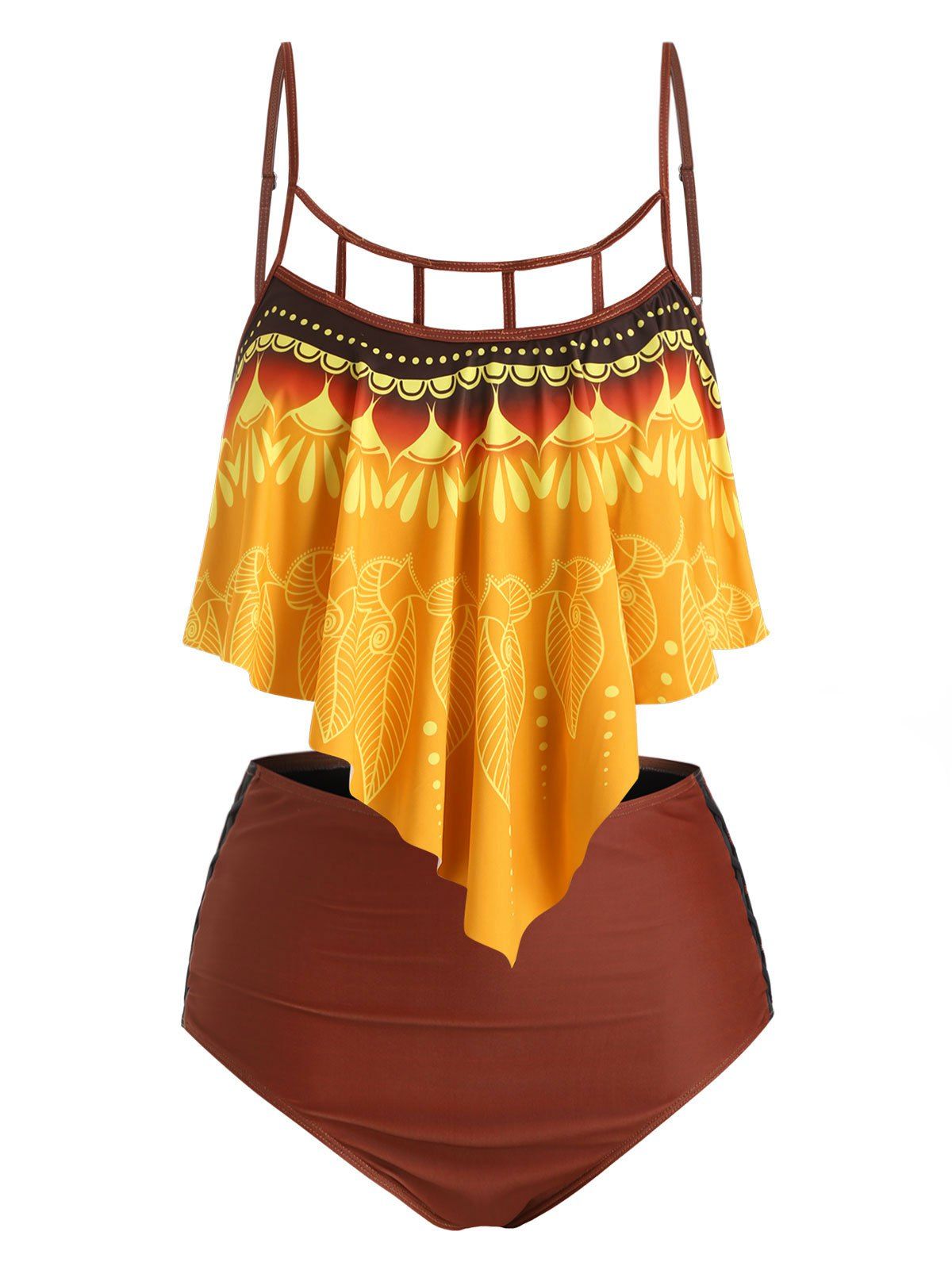 

Plus Size Printed Lattice Cut Ruffle Tankini Swimwear, Saffron