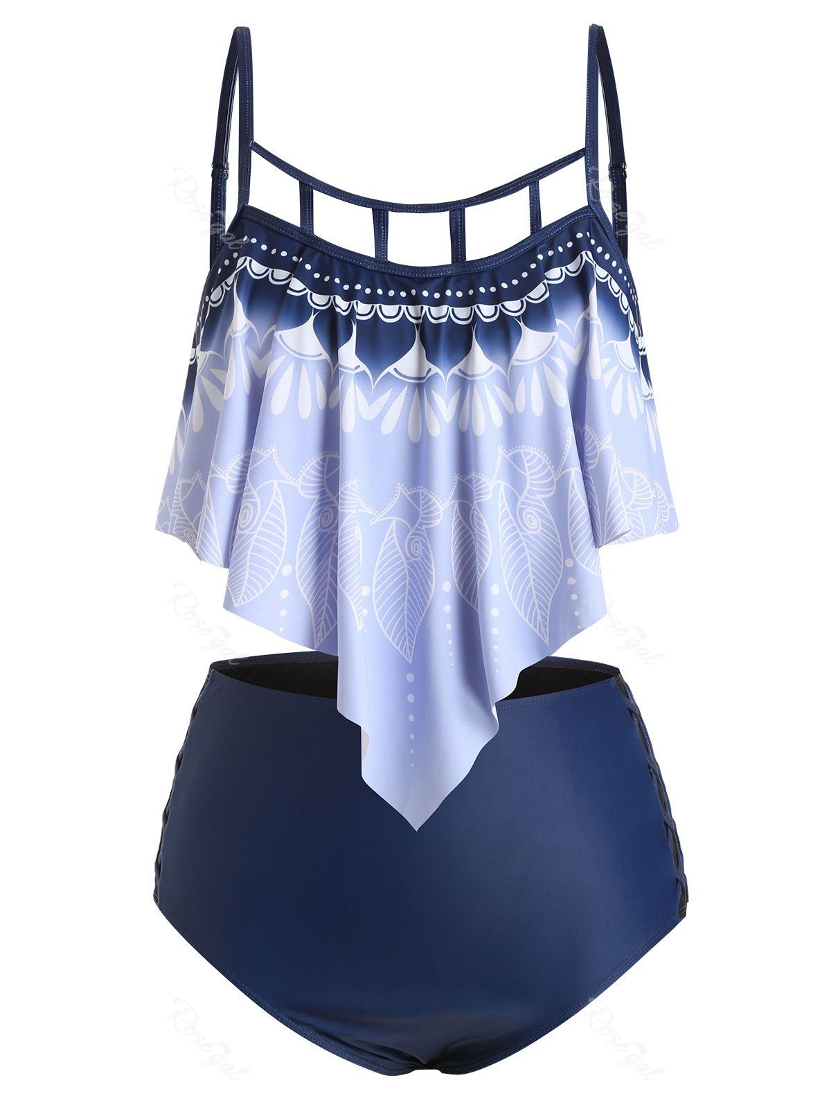 

Plus Size Printed Lattice Cut Ruffle Tankini Swimwear, Lavender blue