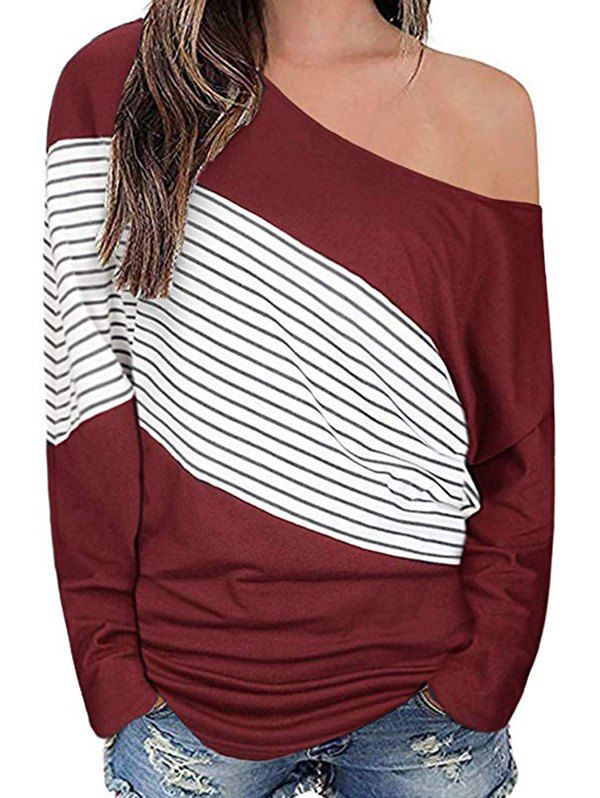 

Skew Neck Striped Drop Shoulder T-shirt, Red wine