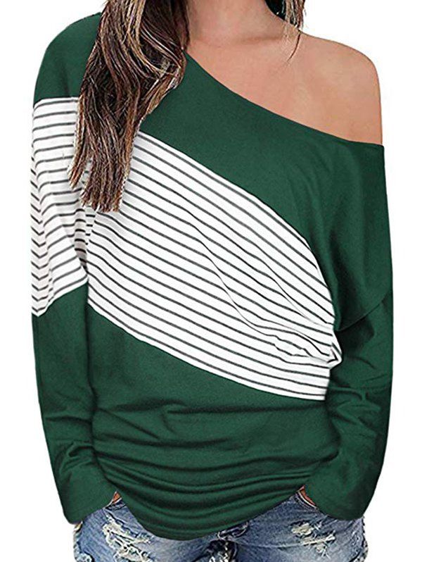 

Skew Neck Striped Drop Shoulder T-shirt, Medium forest green