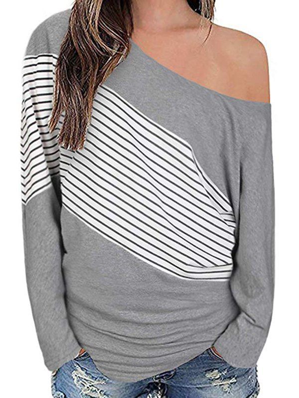 

Skew Neck Striped Drop Shoulder T-shirt, Gray cloud