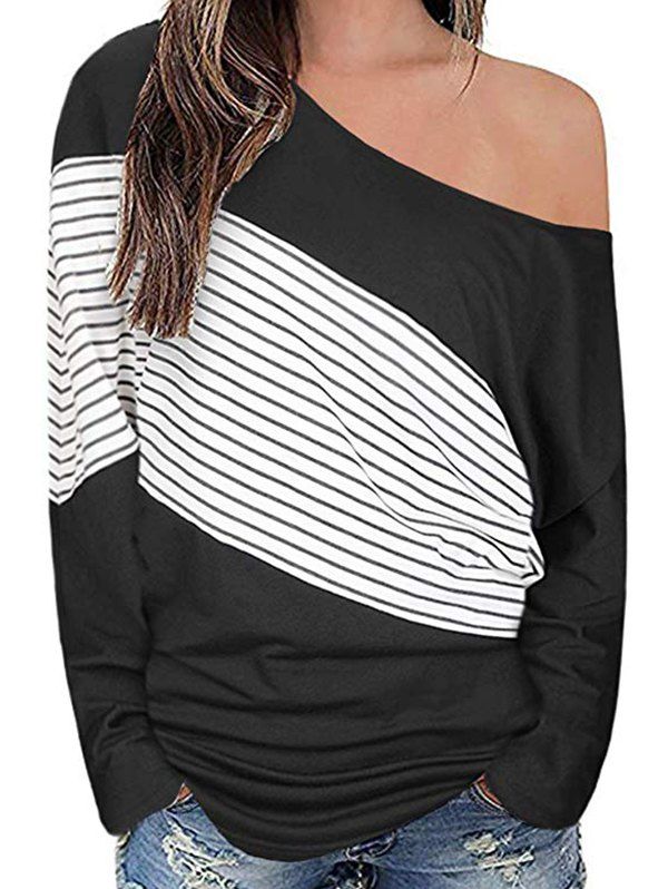 

Skew Neck Striped Drop Shoulder T-shirt, Black
