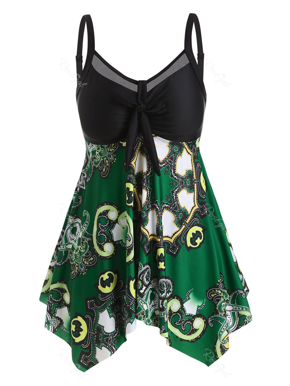 

Plus Size Handkerchief Knot Tribal Print Tankini Swimsuit, Medium forest green