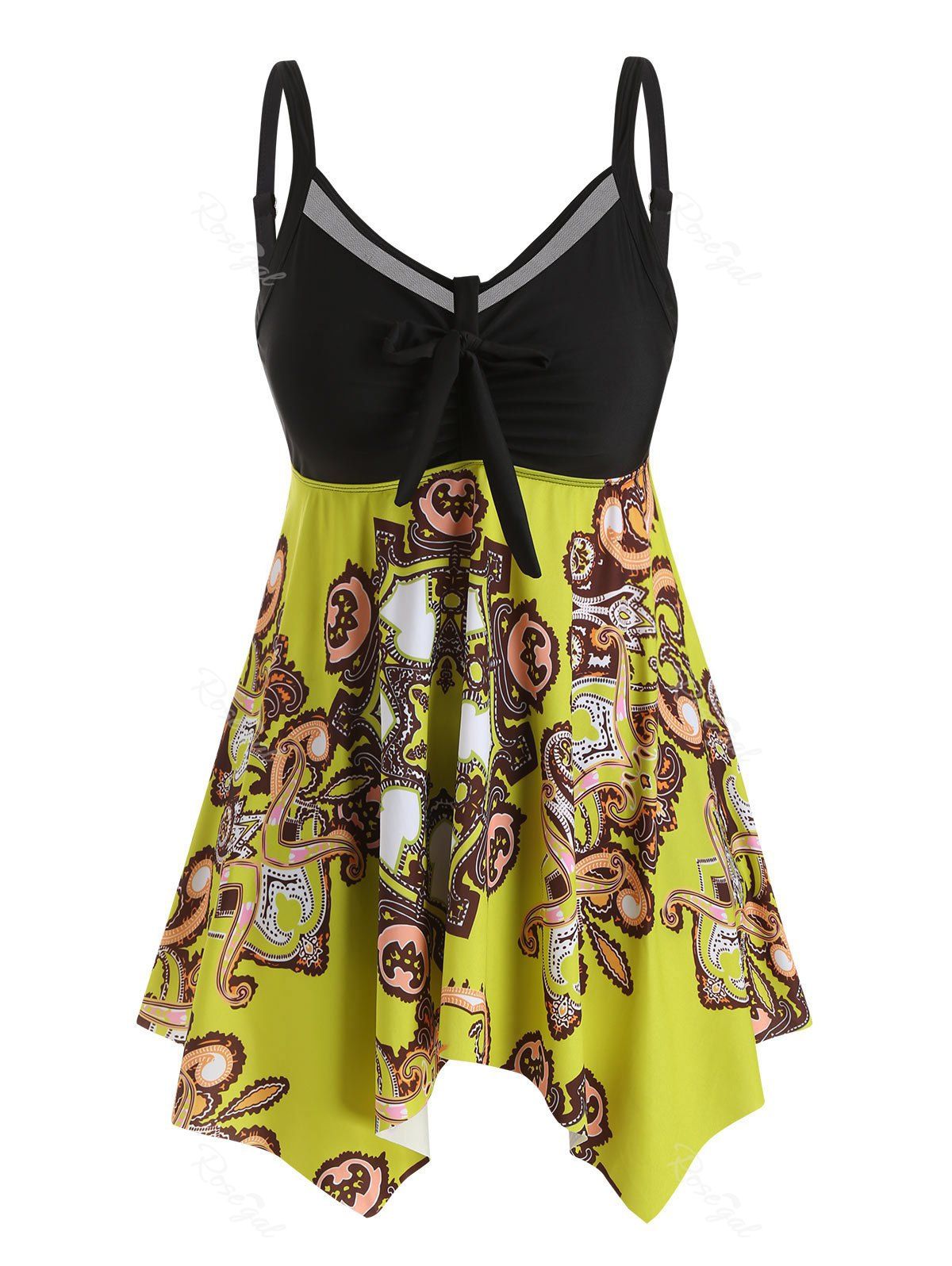 

Plus Size Handkerchief Knot Tribal Print Tankini Swimsuit, Yellow