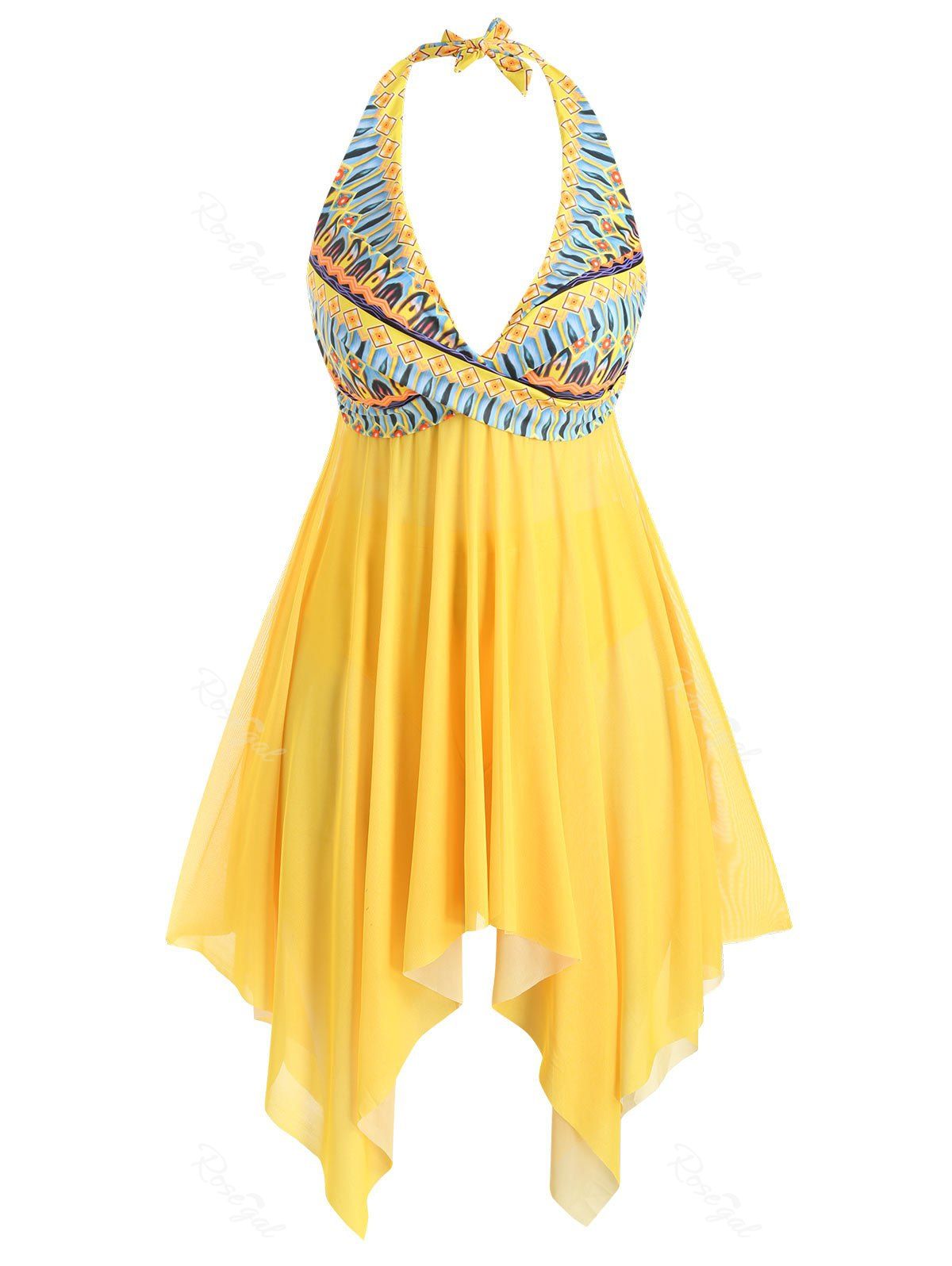 

Plus Size Handkerchief Halter Plunge Printed Tankini Swimsuit, Yellow