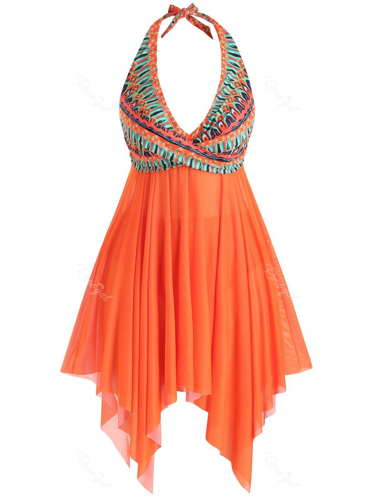 

Plus Size Handkerchief Halter Plunge Printed Tankini Swimsuit, Orange
