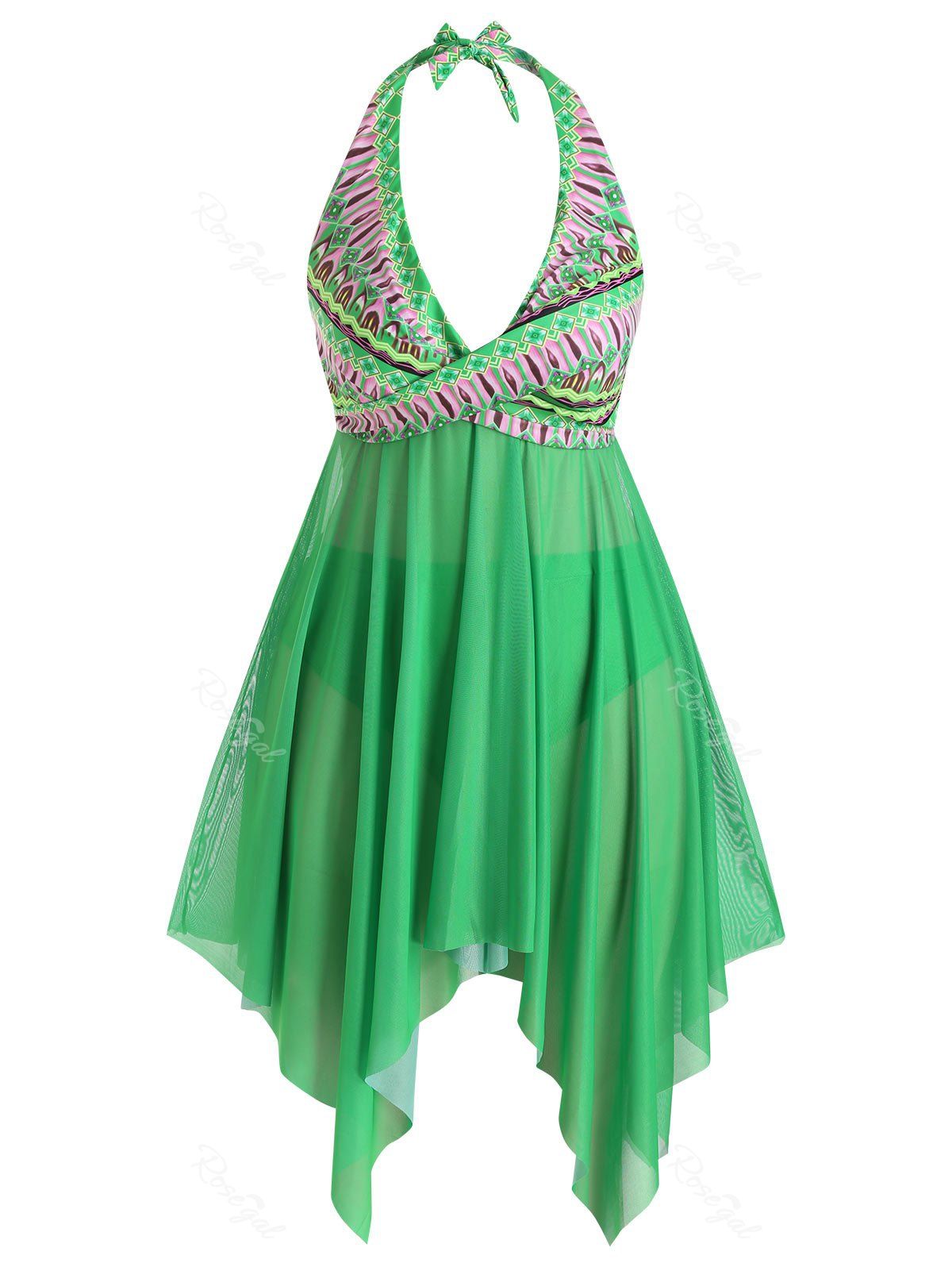 

Plus Size Handkerchief Halter Plunge Printed Tankini Swimsuit, Clover green