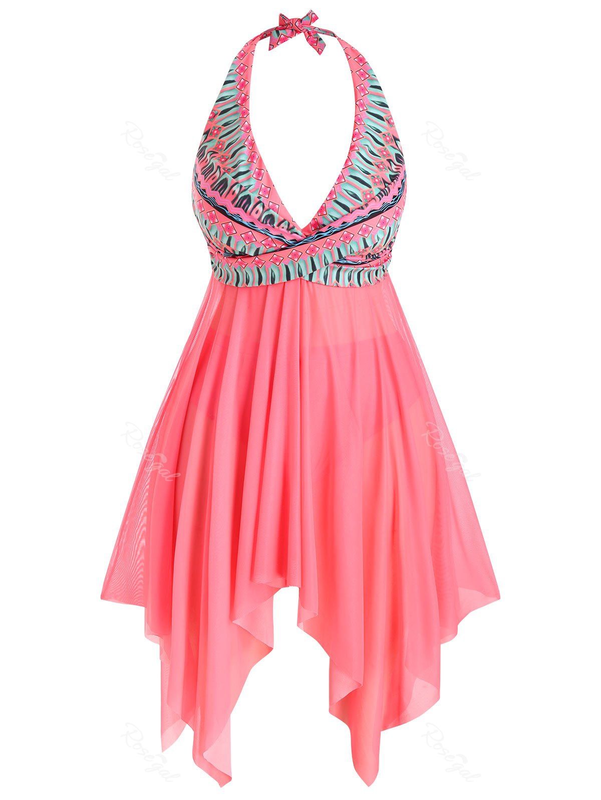 

Plus Size Handkerchief Halter Plunge Printed Tankini Swimsuit, Watermelon pink