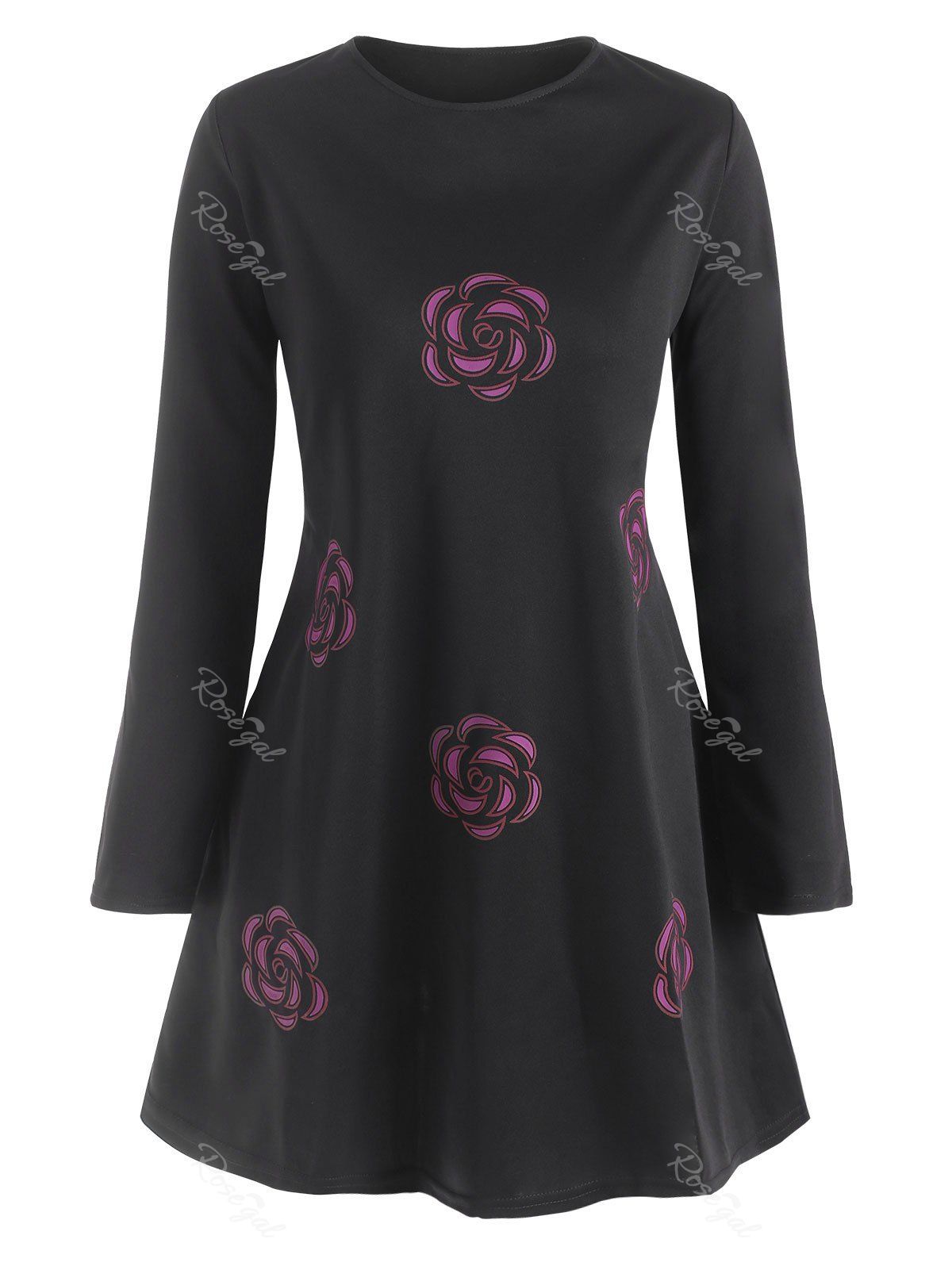 

Long Sleeve Printed Plus Size Mini Dress, Black