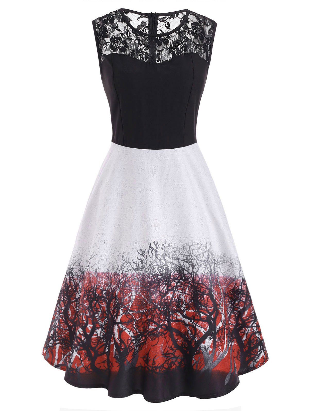 

Lace Panel Branch Print Sleeveless Midi Dress, Red