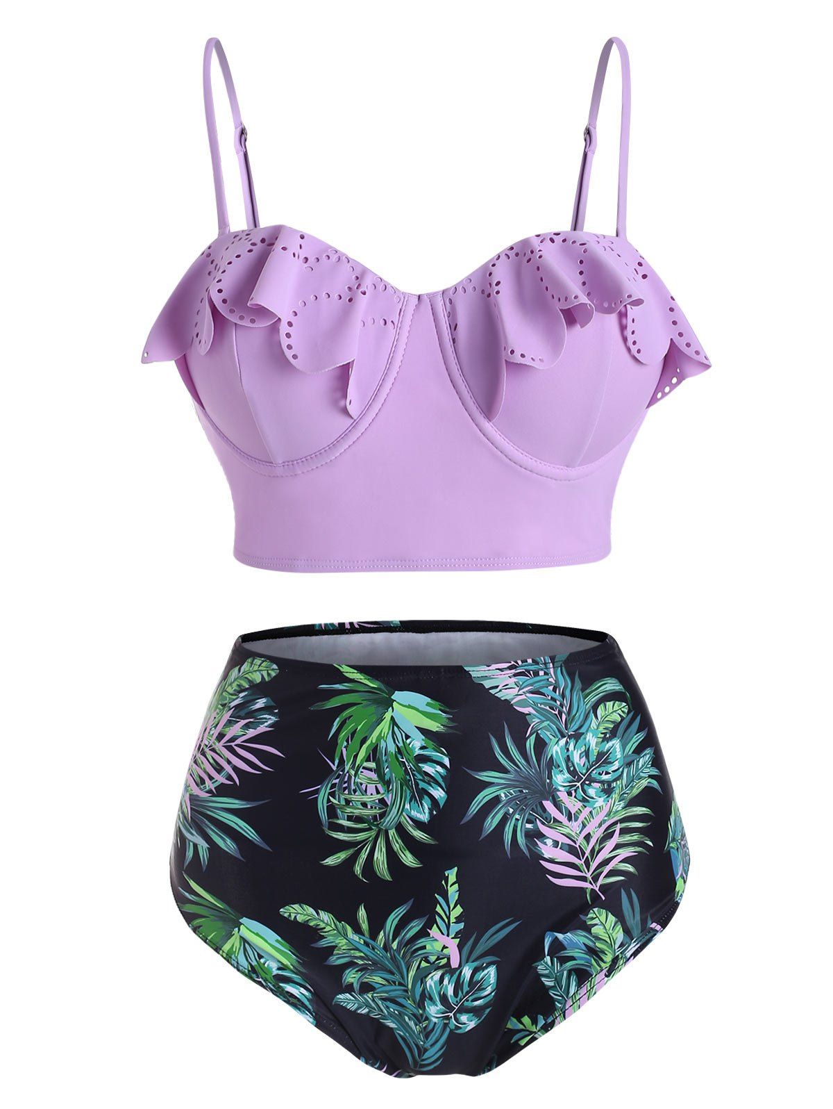 

Eyelet Leaf Print Push Up High Waisted Bikini Swimwear, Mauve