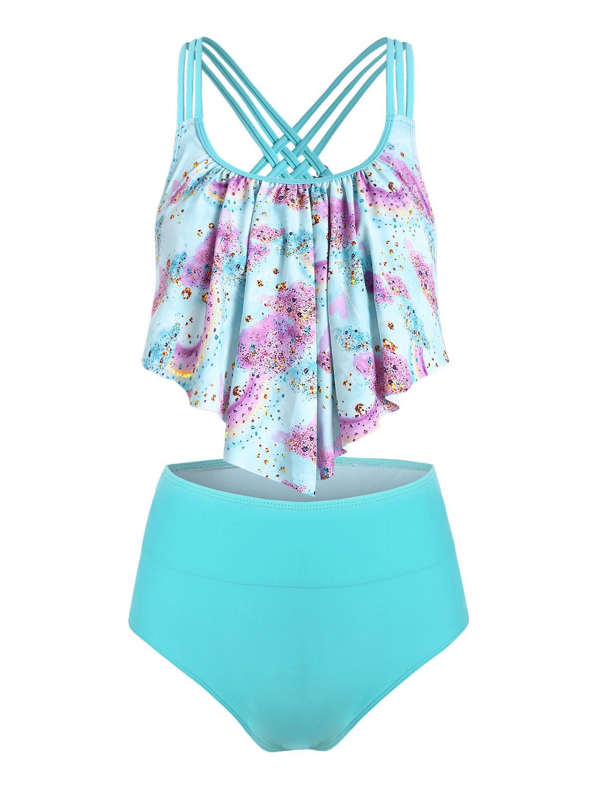 

Rainbow Overlay Strappy Tankini Set, Tron blue