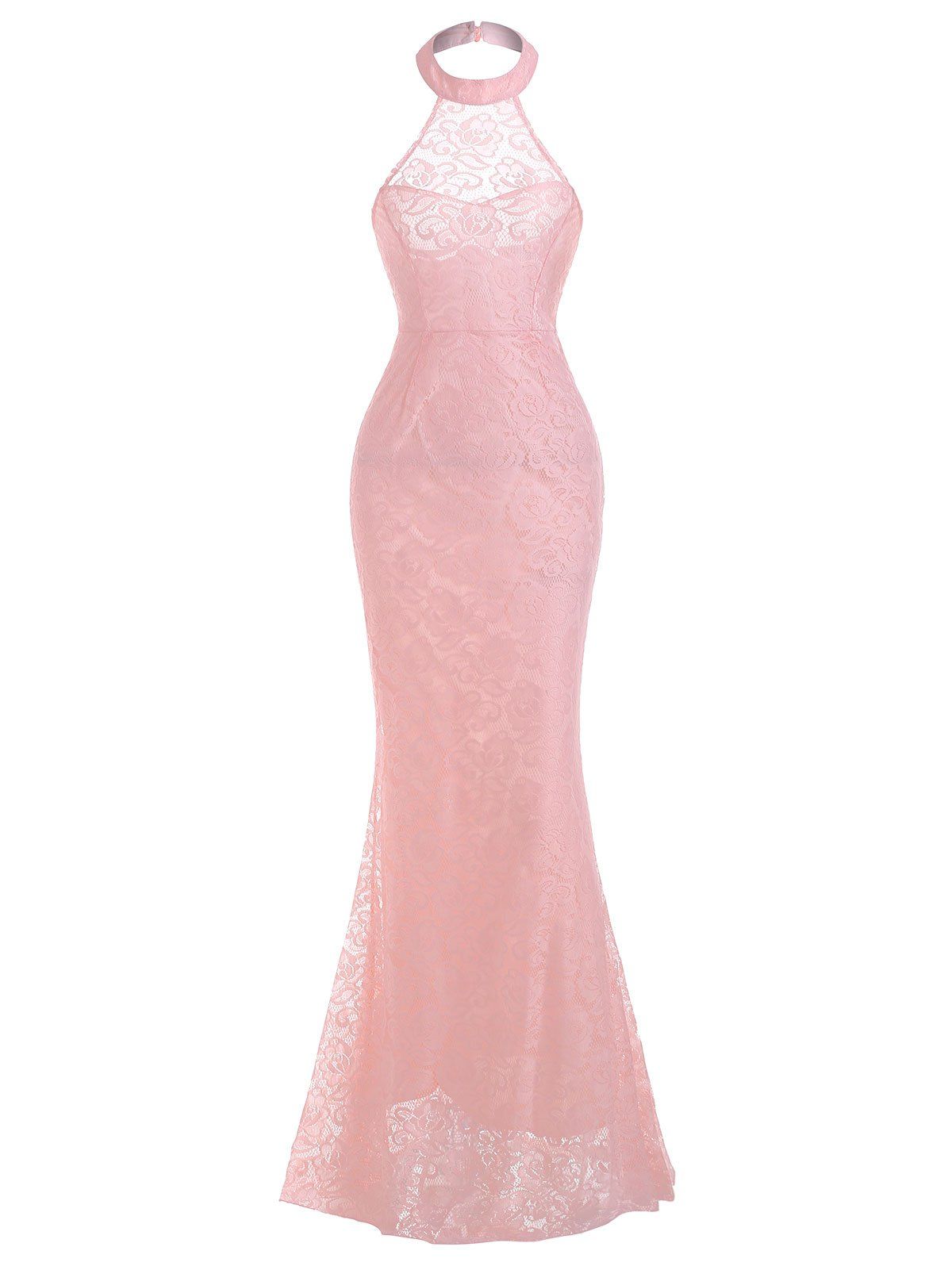 

Halter Lace Floor Length Mermaid Evening Dress, Pink