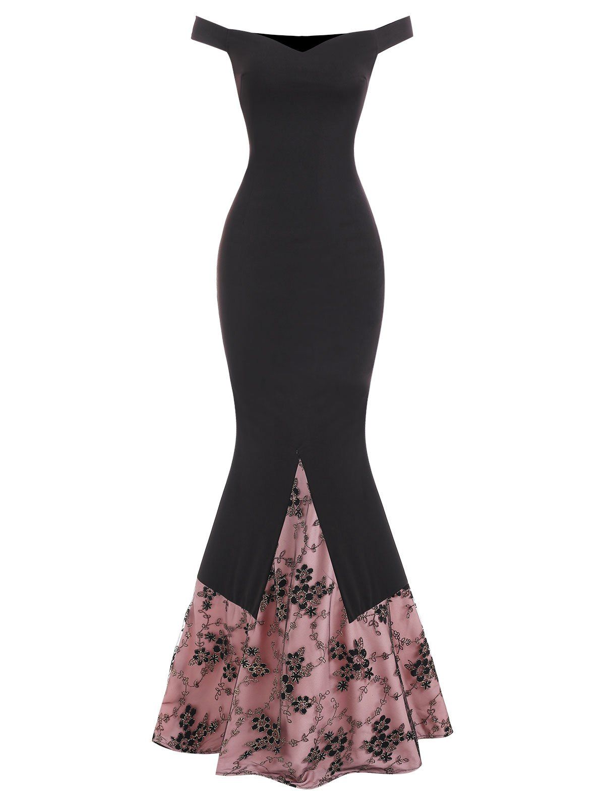 

Off The Shoulder Flocking Glitter Floral Mesh Overlay Prom Mermaid Dress, Black