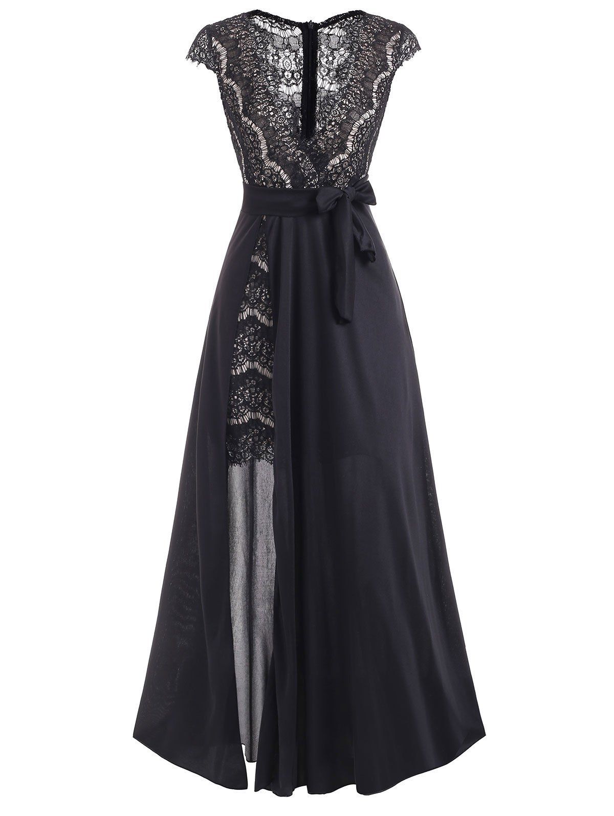 

Lace Surplice Floor Length Evening Dress, Black