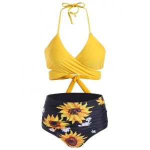 

Sunflower High Waisted Ruched Wrap Bikini Swimwear, Sun yellow