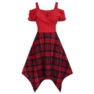 

Plaid Print Cold Shoulder Ruched Handkerchief Dress, Red
