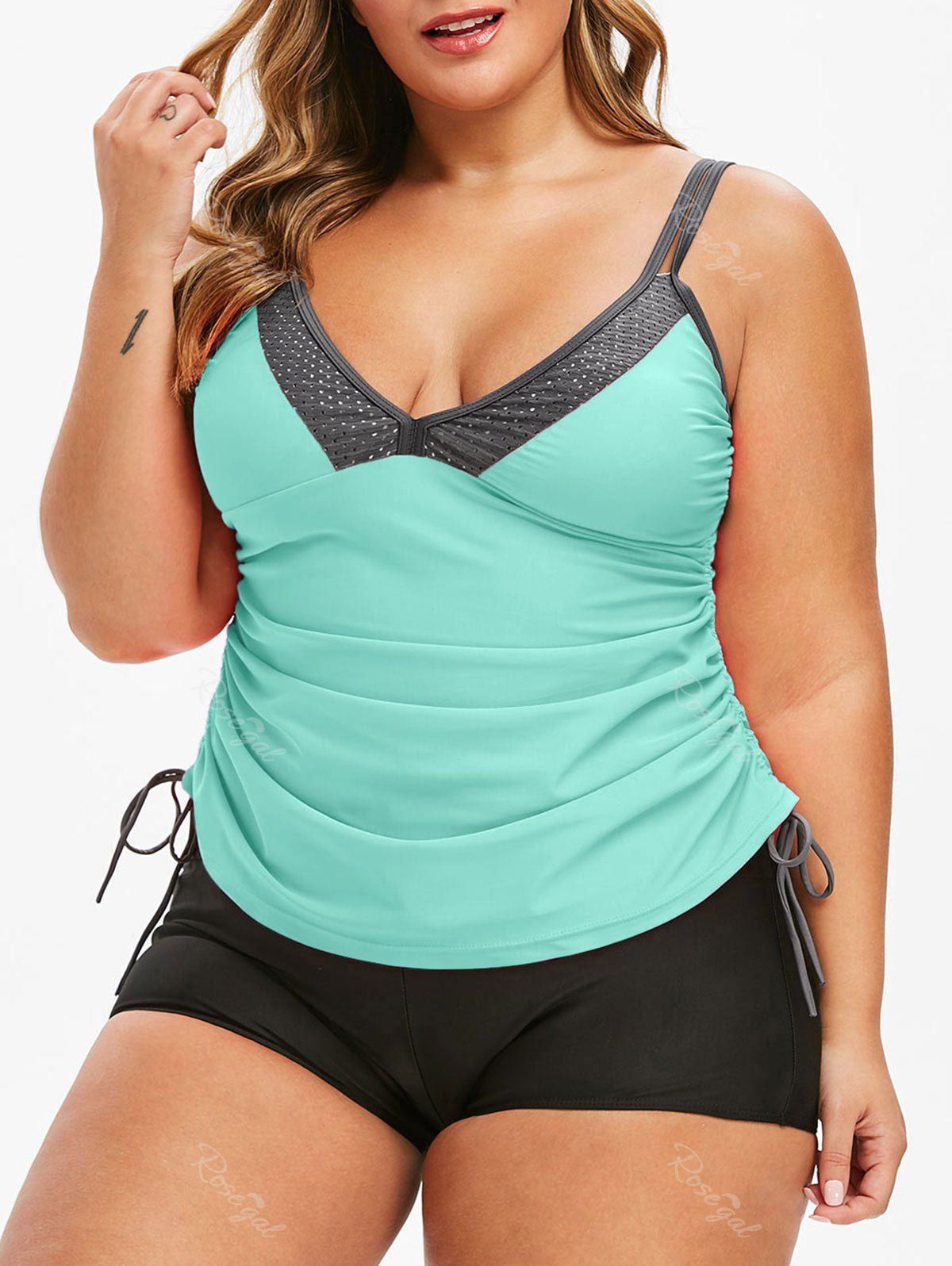 

Plus Size Cinched Low Cut Tankini Swimsuit, Celeste