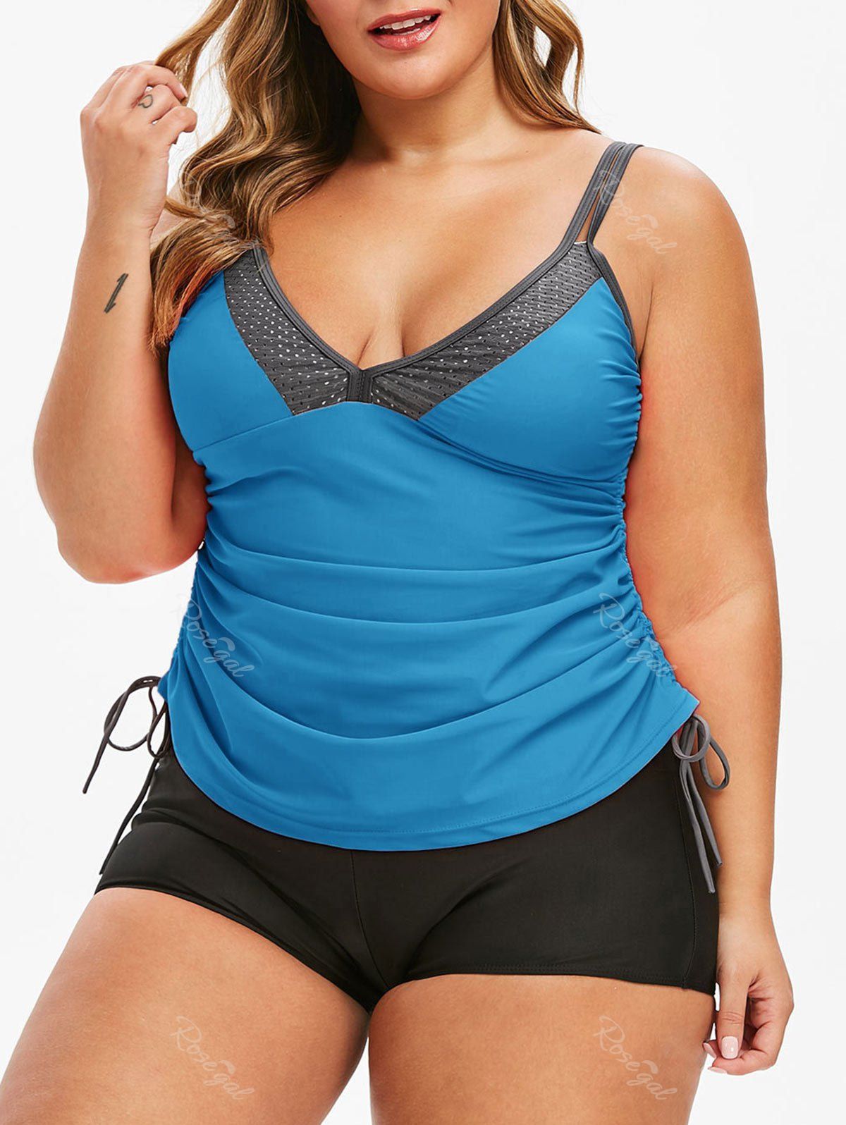 

Plus Size Cinched Low Cut Tankini Swimsuit, Blue ivy