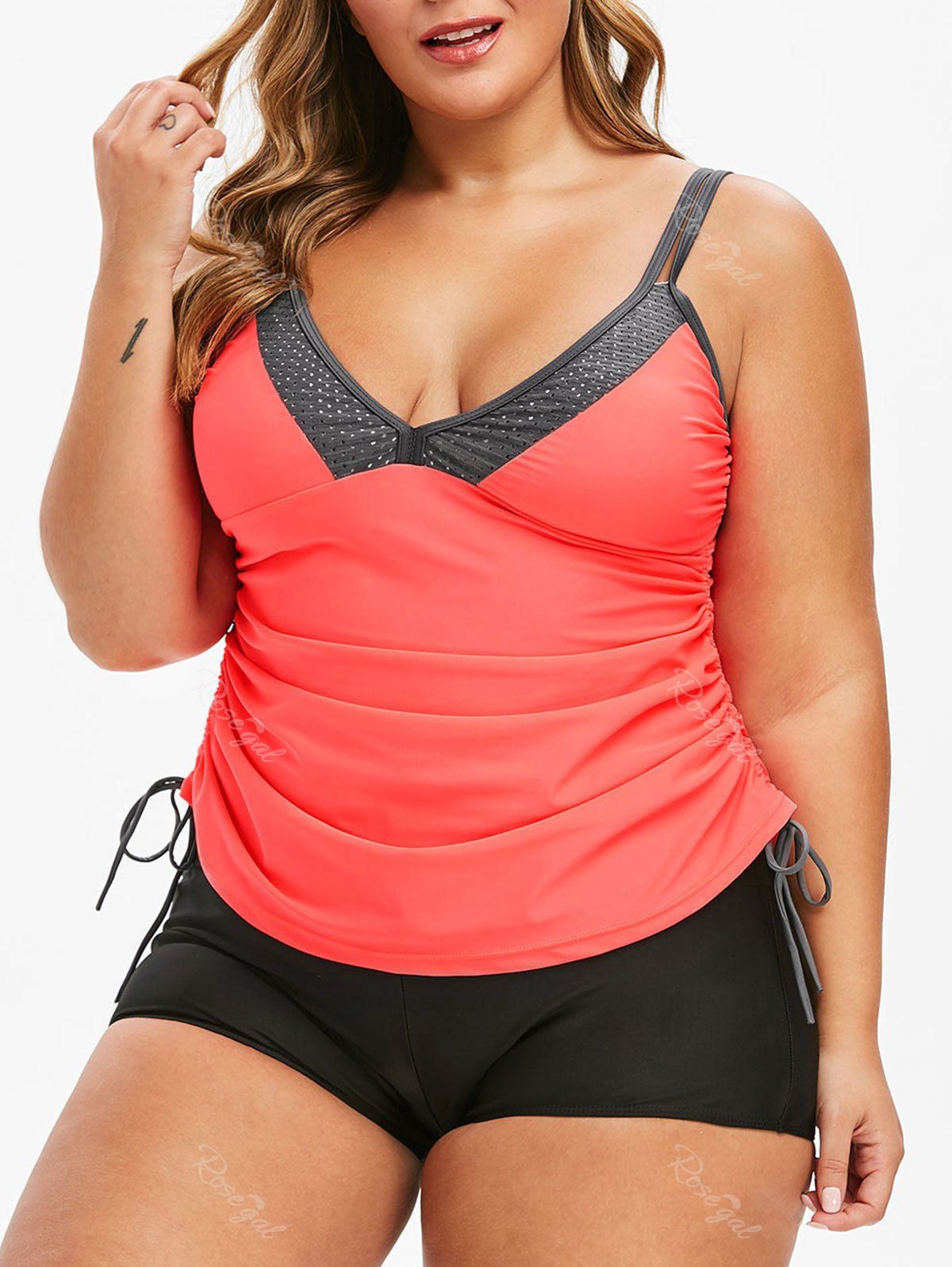 

Plus Size Cinched Low Cut Tankini Swimsuit, Bean red
