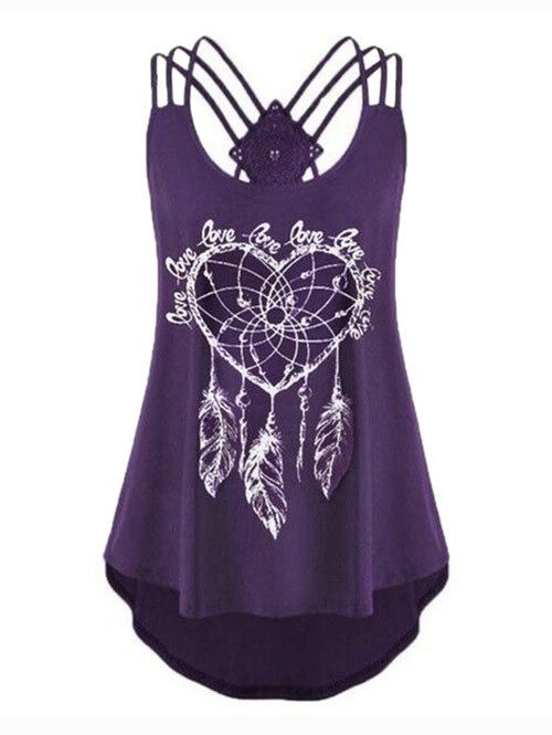

Plus Size Strappy Feather Print High Low Tank Top, Purple iris